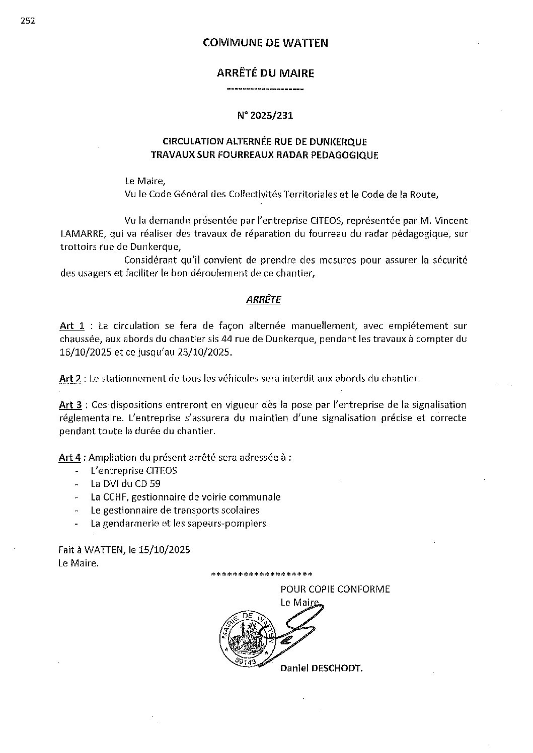 2025-231 arrêté du 15-10-2025 circulation alternée rue de Dunkerque Citeos