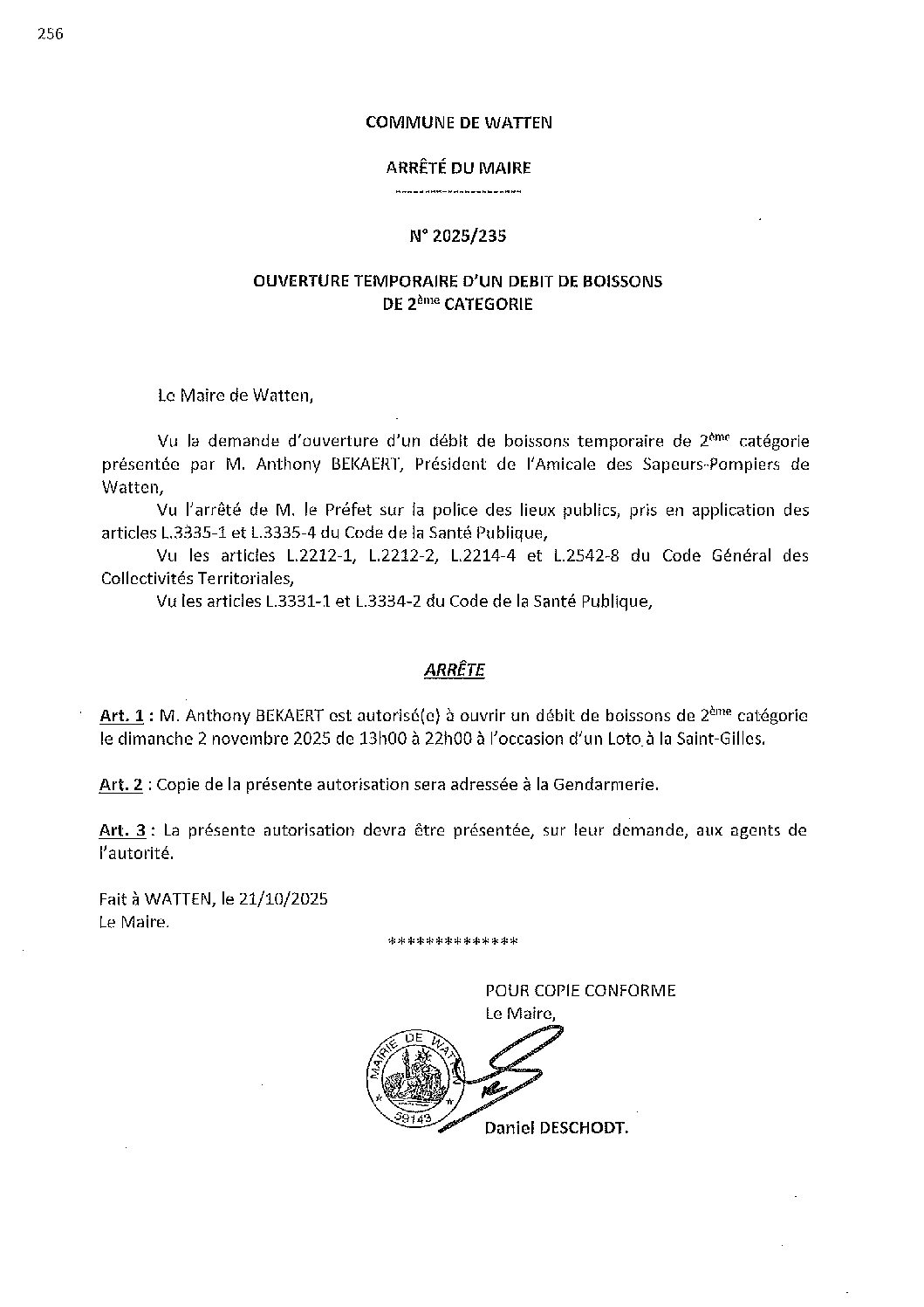 2025-235 arrêté du 21-10-2025 débit de boisons Loto Amicale Sapeurs-Pompiers