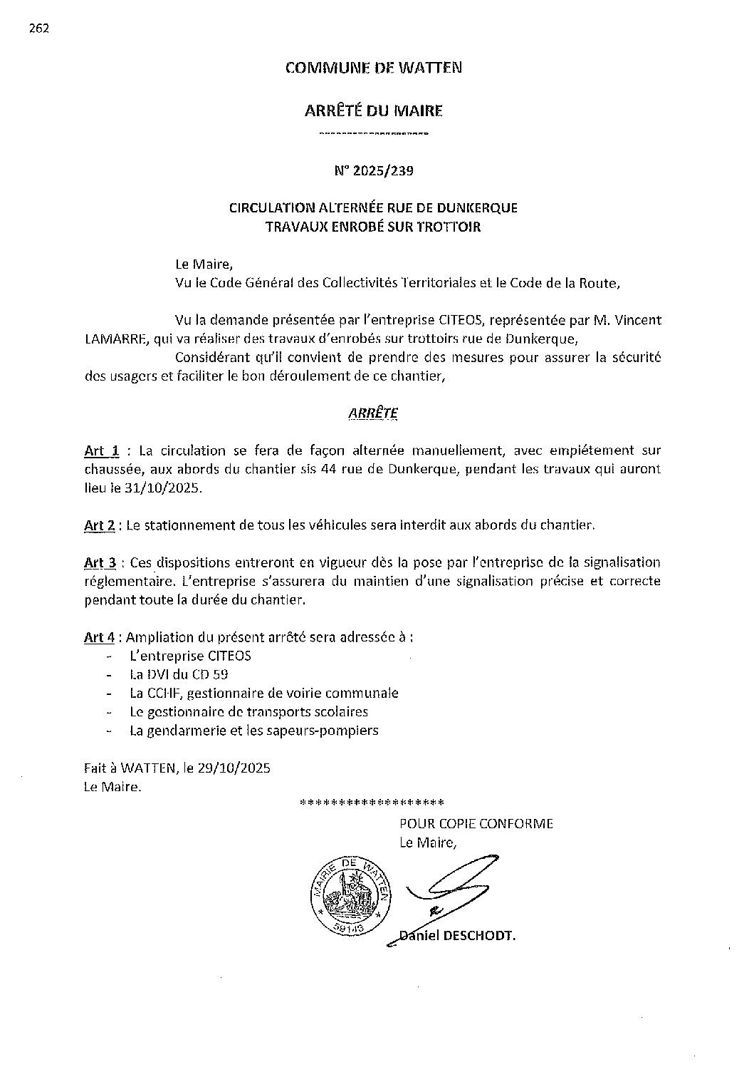 2025-239 arrêté du 29-10-2025 circulation alternée rue de Dunkerque enrobés trottoirs