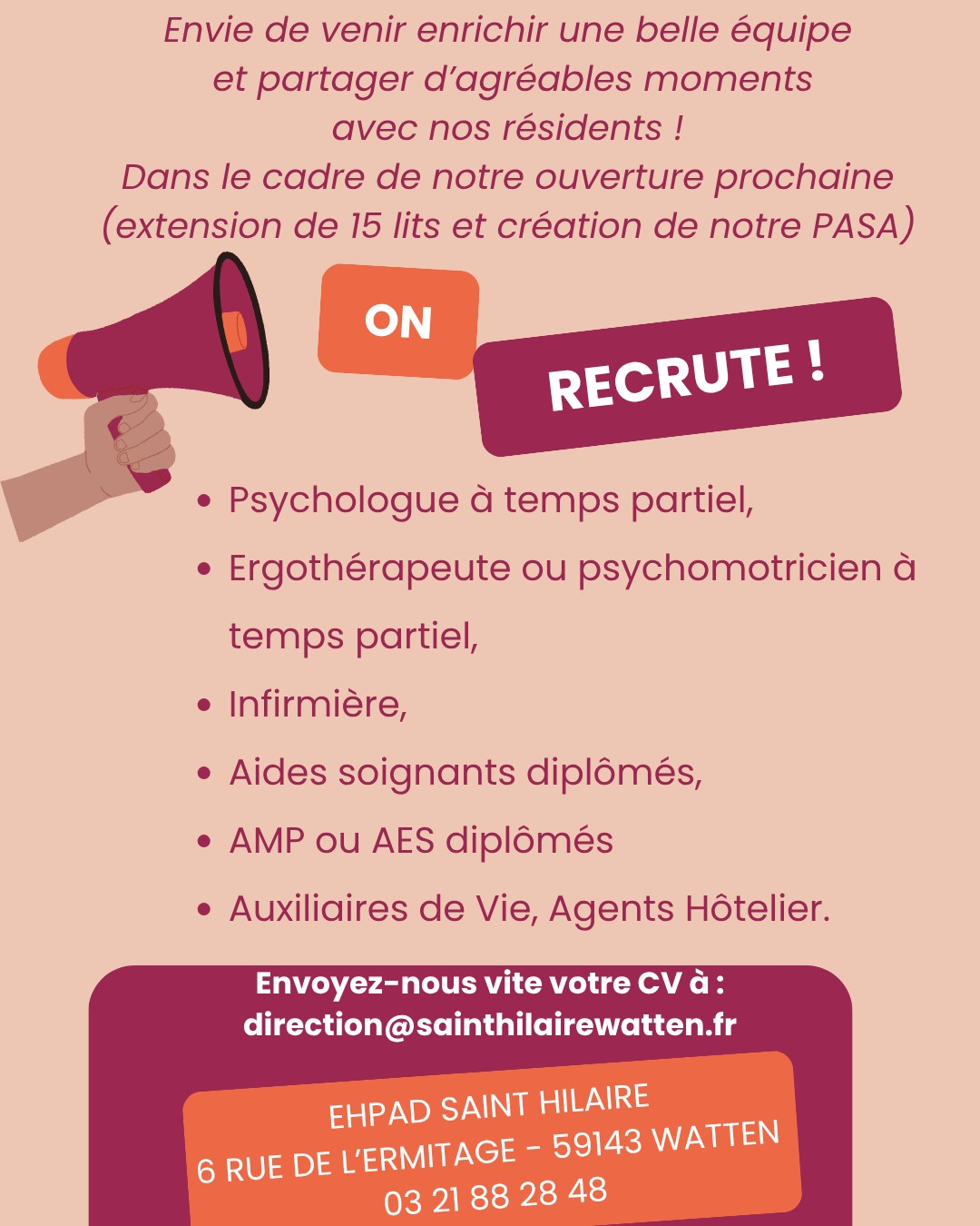 L’EHPAD Saint-Hilaire recrute pour l’ouverture prochaine de son extension (15 lits et PASA)