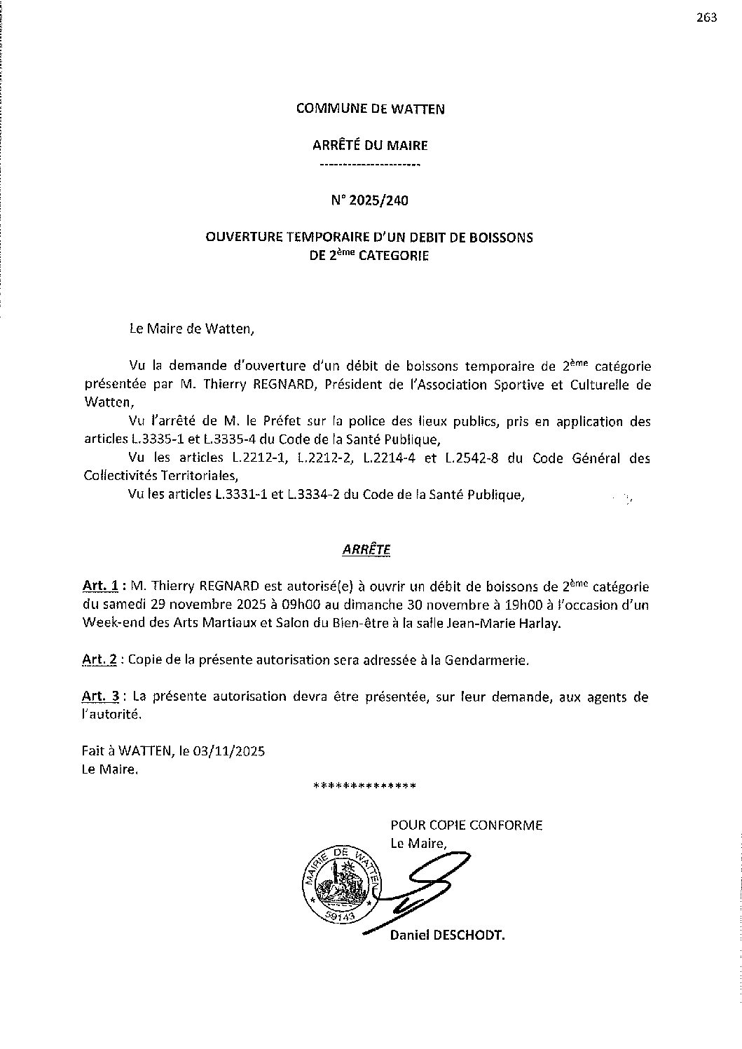 2025-240 arrêté du 03-11-2025 débit de boissons Week-end arts martiaux KFCW