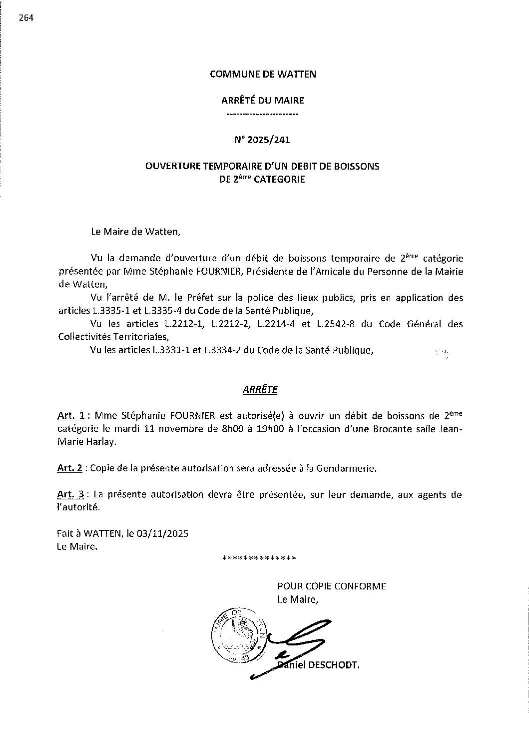 2025-241 arrêté du 03-11-2025 débit de boissons brocante Amicale Personnel Mairie