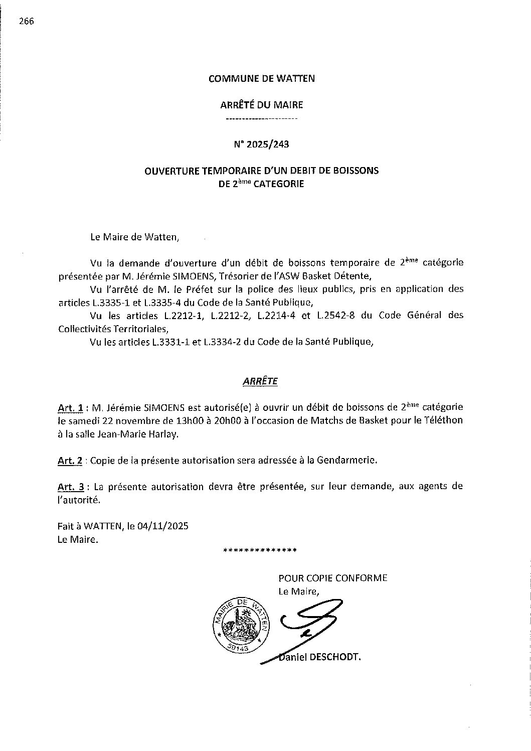 2025-243 arrêté du 04-11-2025 débit de boissons ASWBC matchs basket Telethon