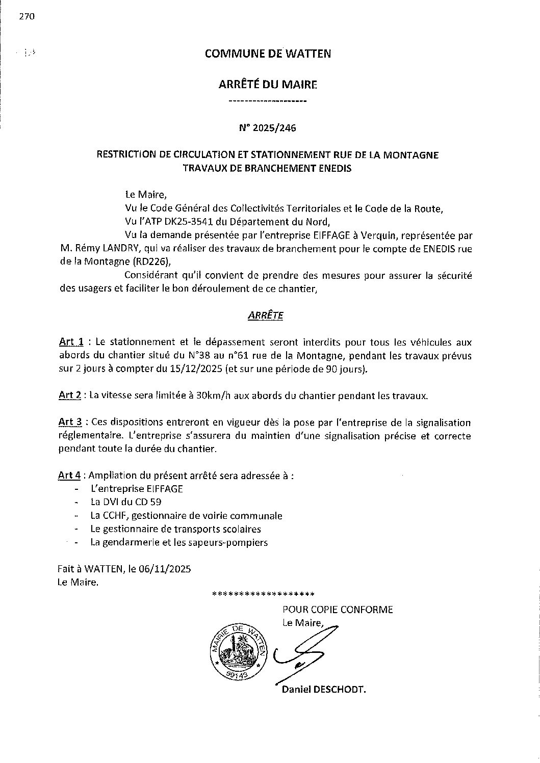 2025-246 arrêté du 06-11-2025 restriction circulation rue de la Montagne branchement Enedis