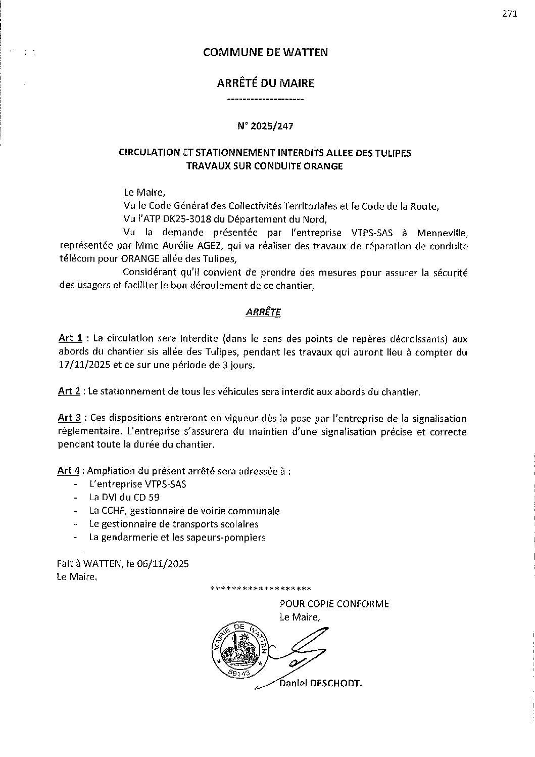 2025-247 arrêté du 06-11-2025 circulation stationnement interdits allée des Tulipes travaux Orange
