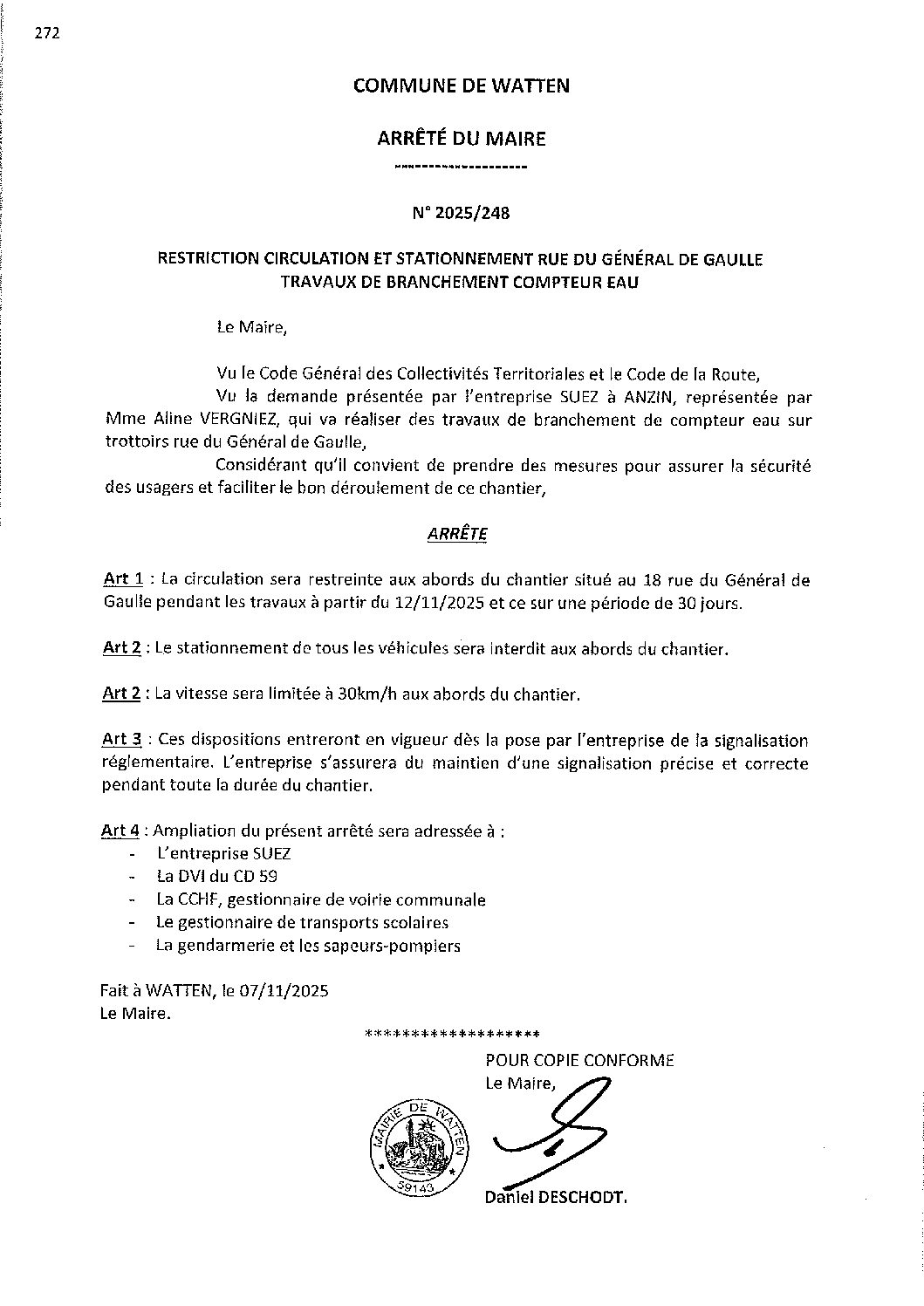 2025-248 arrêté du 07-11-2025 travaux branchement compteur eau rue du G. de Gaulle