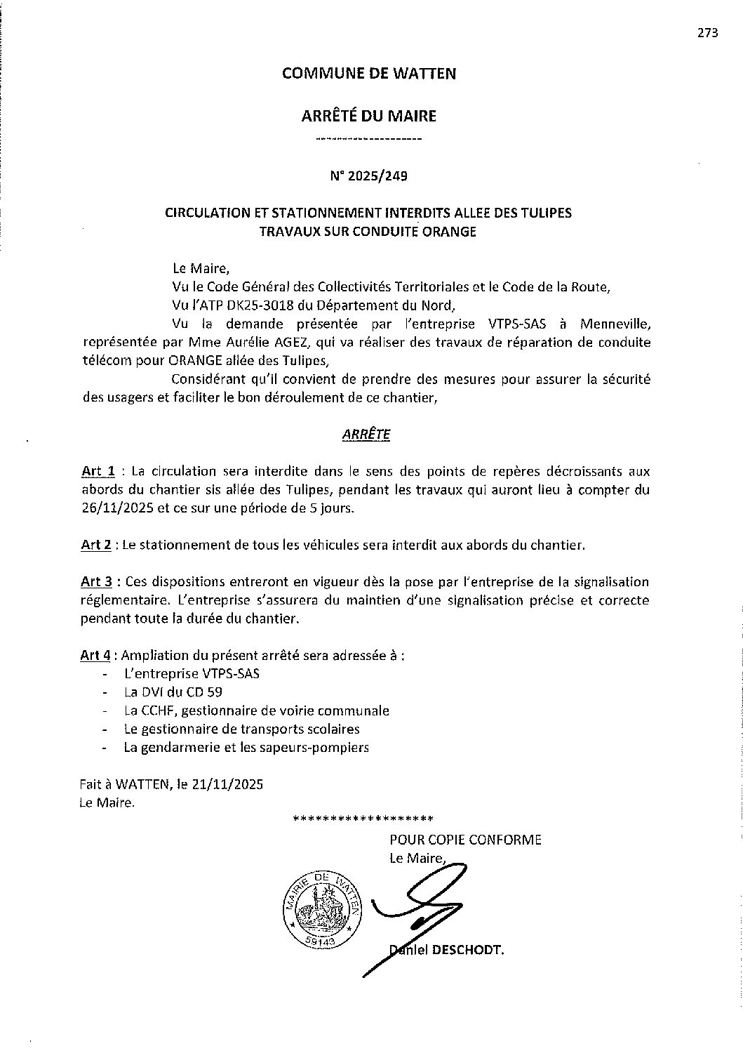 2025-249 arrêté du 21-11-2025 travaux conduite orange allée des Tulipes