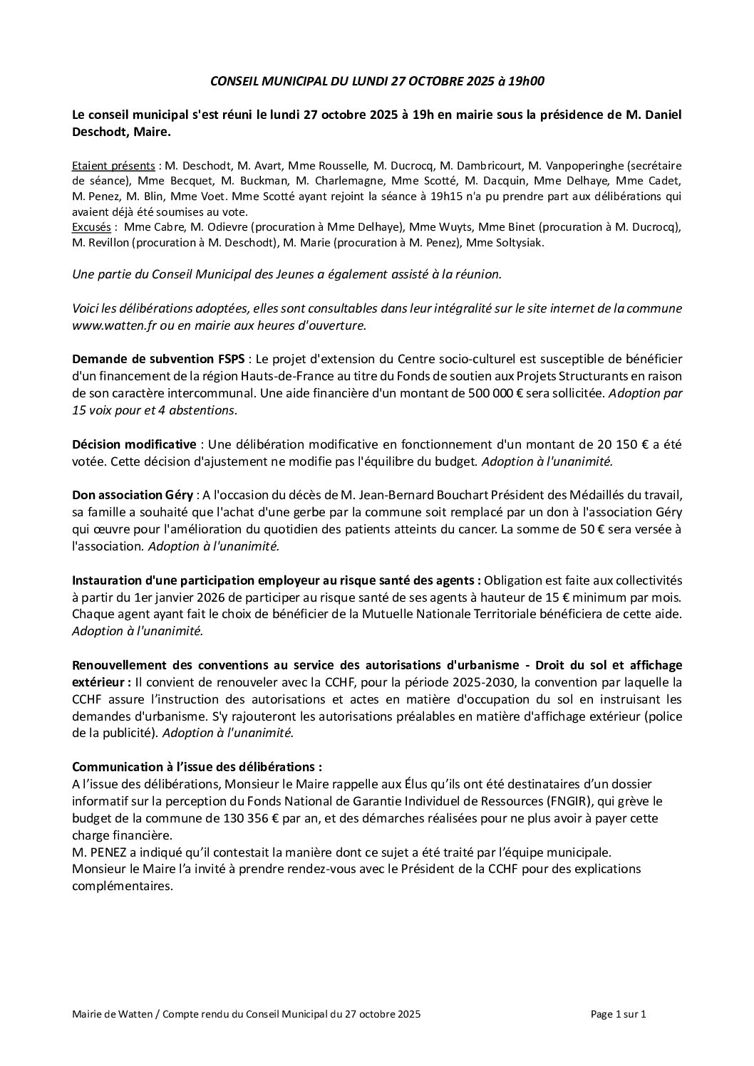 Compte rendu du conseil municipal du 27 octobre 2025