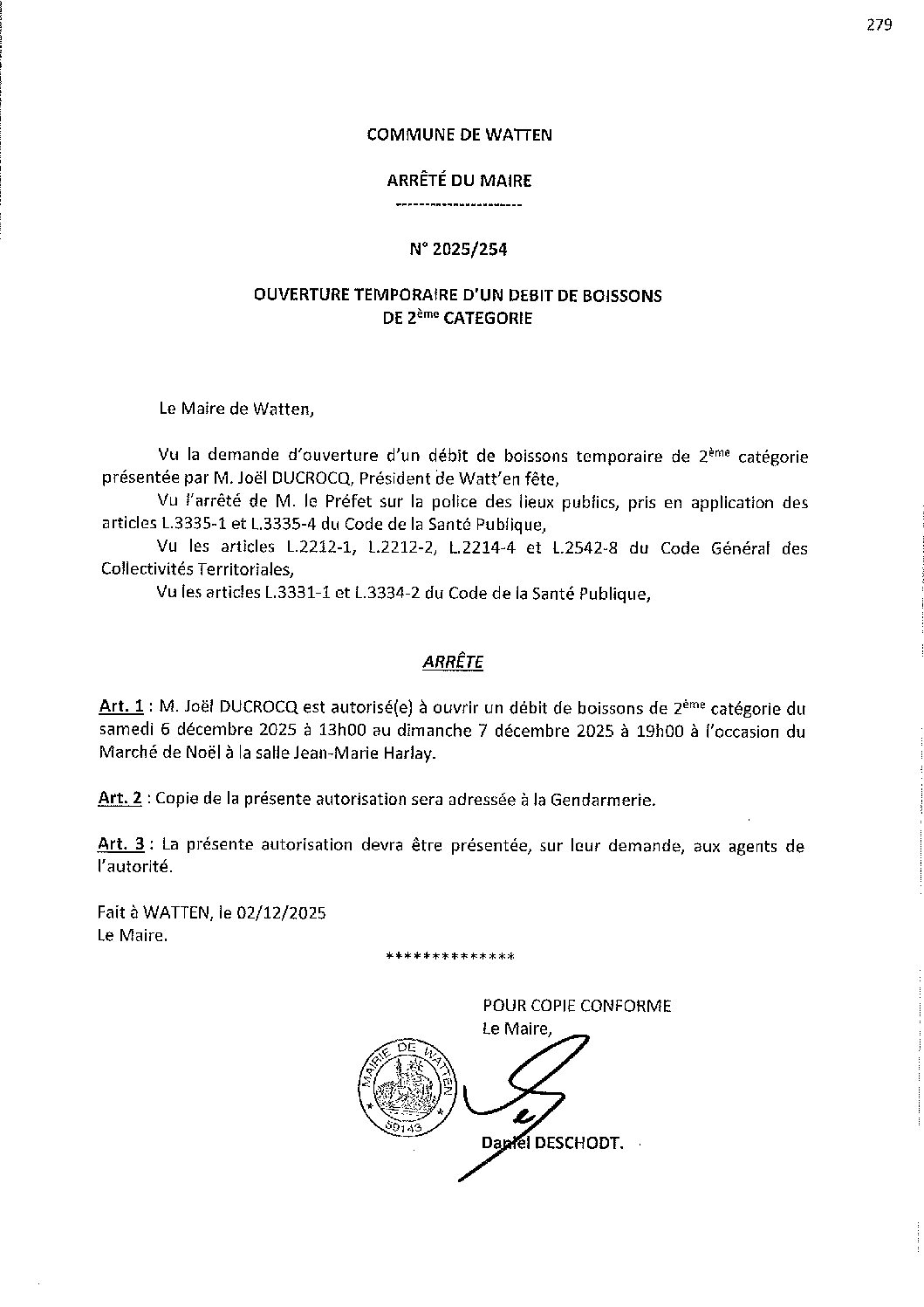 2025-254 arrêté du 02-12-2025 débit de boissons Marché de Noël Watt’en fête