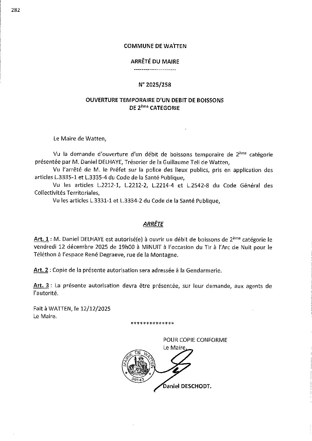 2025-258 arrêté du 12-12-2025 débit de boissons tir à l’arc pour le Téléthon