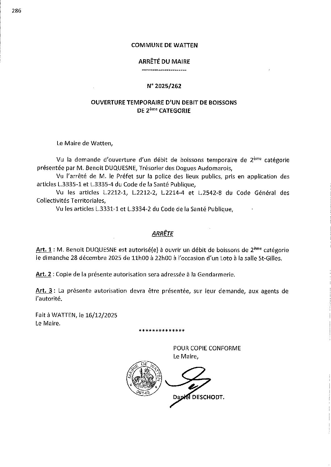 2025-262 arrêté du 16-12-2025 débit de boissons loto Dogues audomarois salle St-Gilles