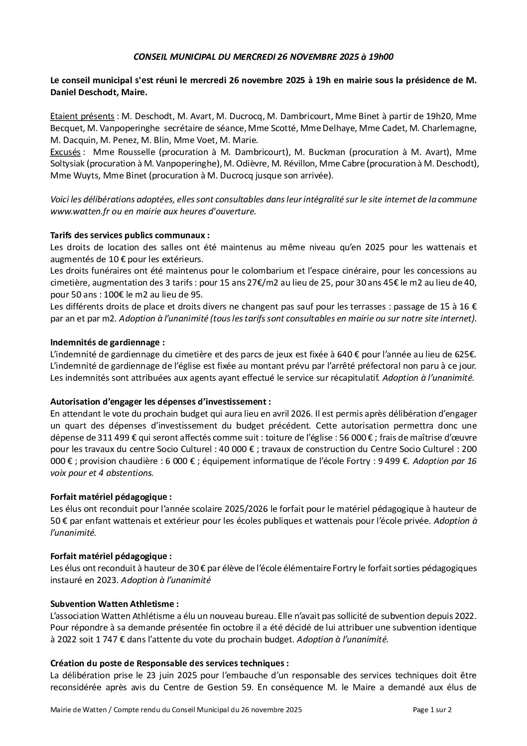 Compte rendu du conseil municipal du 26 novembre 2025