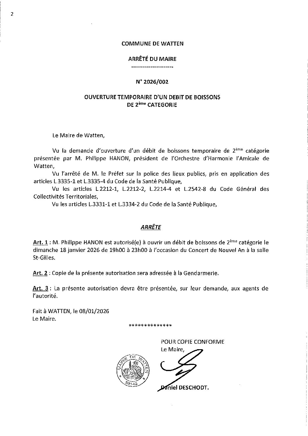 2026-002 arrêté du 08-01-2026 débit de boissons concert hiver harmonie