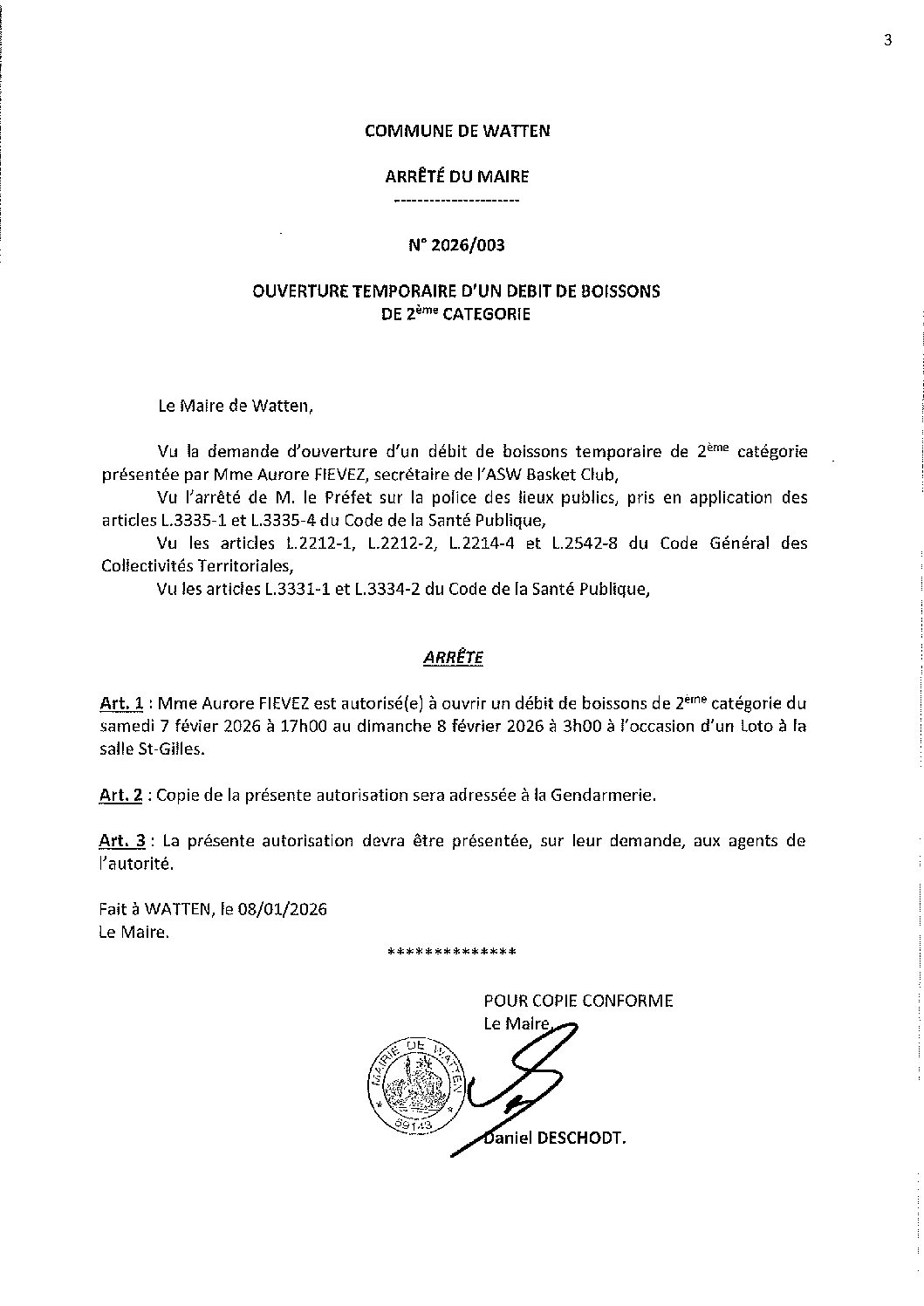 2026-003 arrêté du 08-01-2026 débit de boissons loto ASWBC
