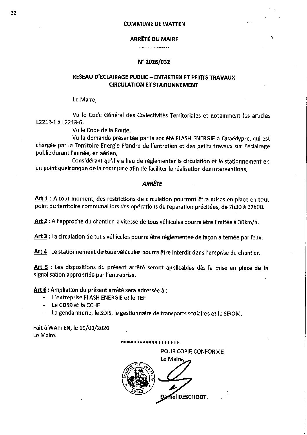 2026-032 arrêté du 19-01-2026 entretien et petit travaux éclairage public Flash Energie