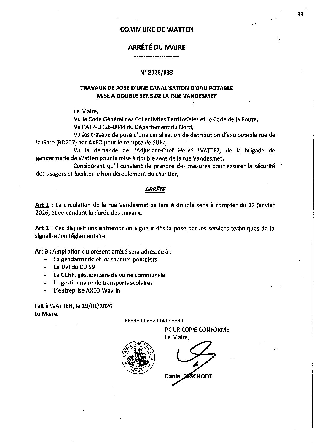 2026-033 arrêté du 19-01-2026 mis à double sens de la rue Vandesmet pendant les travaux rue de la gare