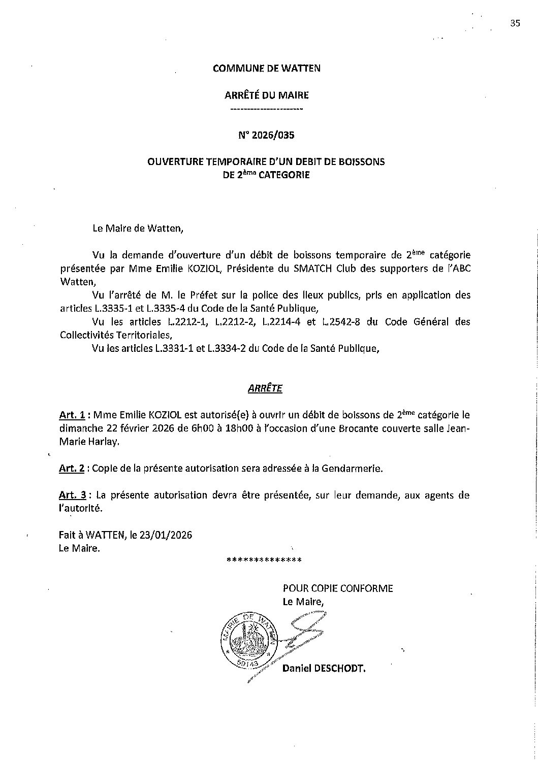 2026-035 arrêté du 23-01-2026 débit de boissons SMATCH Club brocante salle Harlay