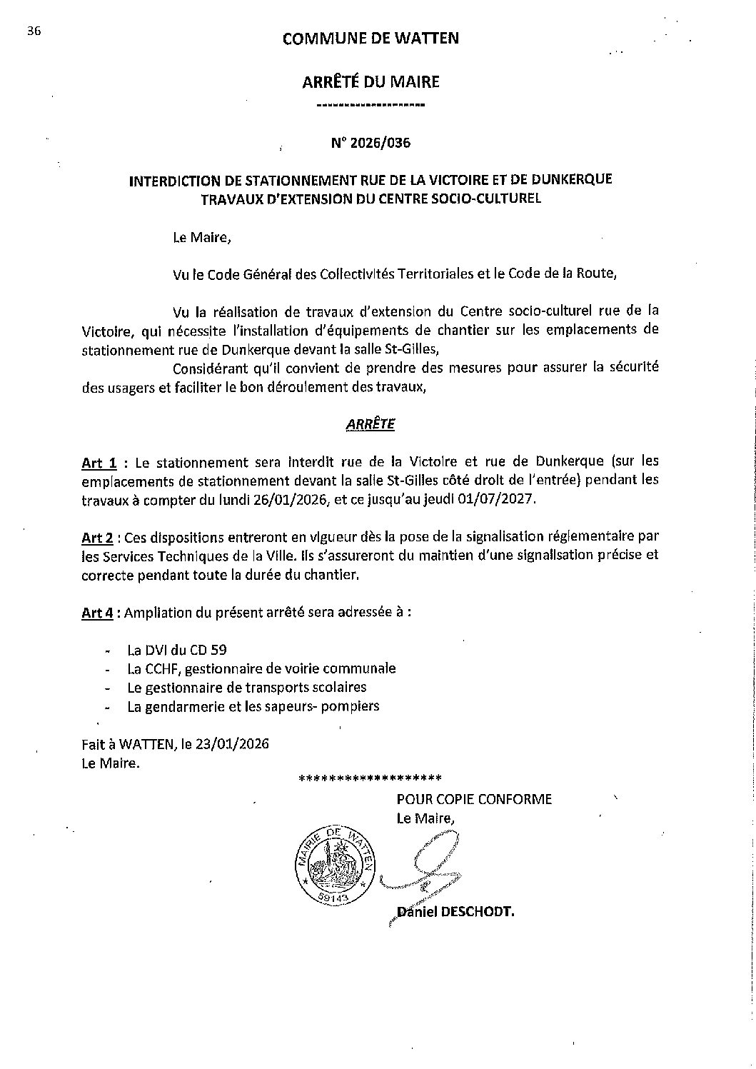 2026-036 arrêté du 23-01-2026 interdiction stationnement rue de la Victoire et de Dunkerque travaux extension Centre socio-culturel