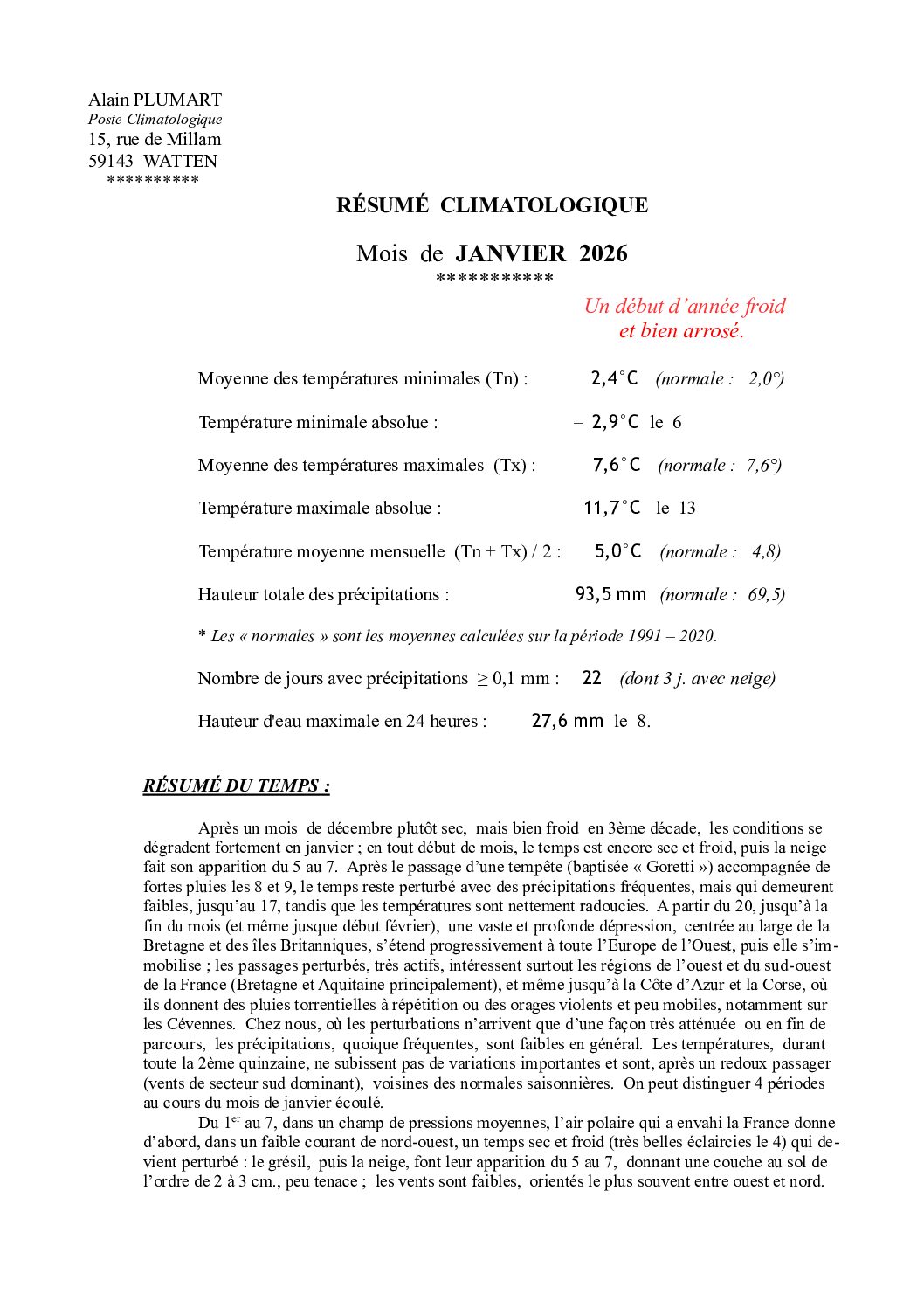 Résumé climatologique de janvier 2026 à Watten