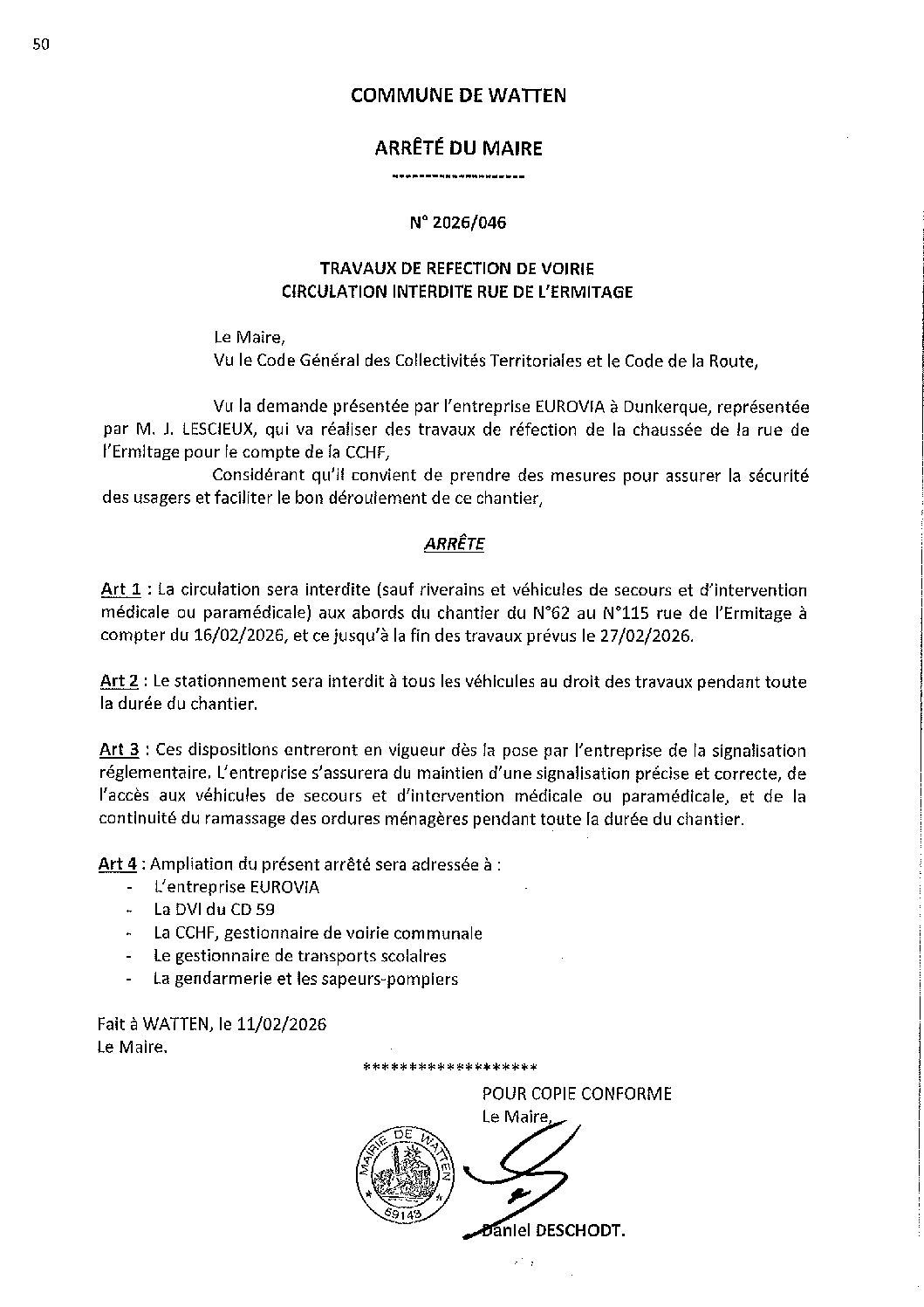 2026-046 arrêté du 11-02-2026 circulation interdite rue de l'Ermitage réfection chaussée