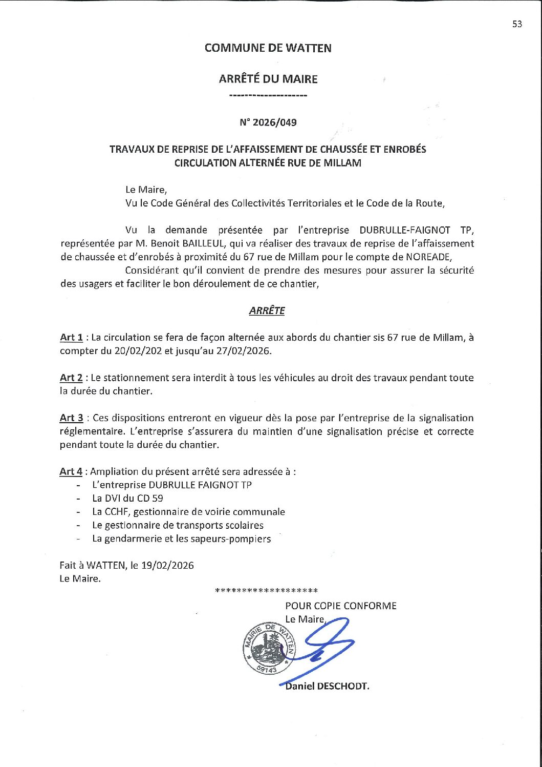 2026-049 arrété du 19-02-2026 restriction circulation rue de millam reprise affaissement de chaussée
