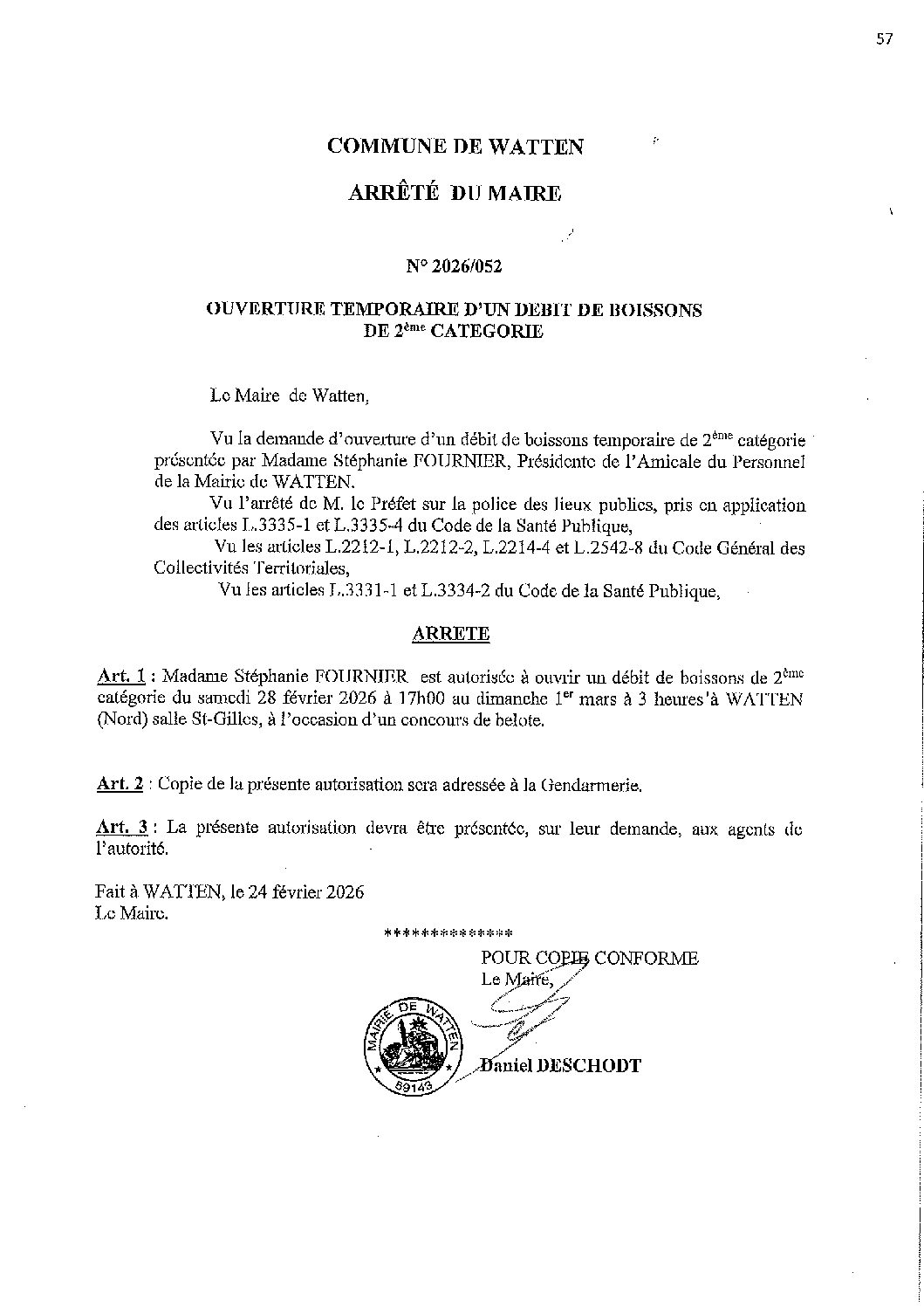 2026-052 arrêté du 24-02-2026 débit de boissons belote Amicale Personnel salle St-Gilles