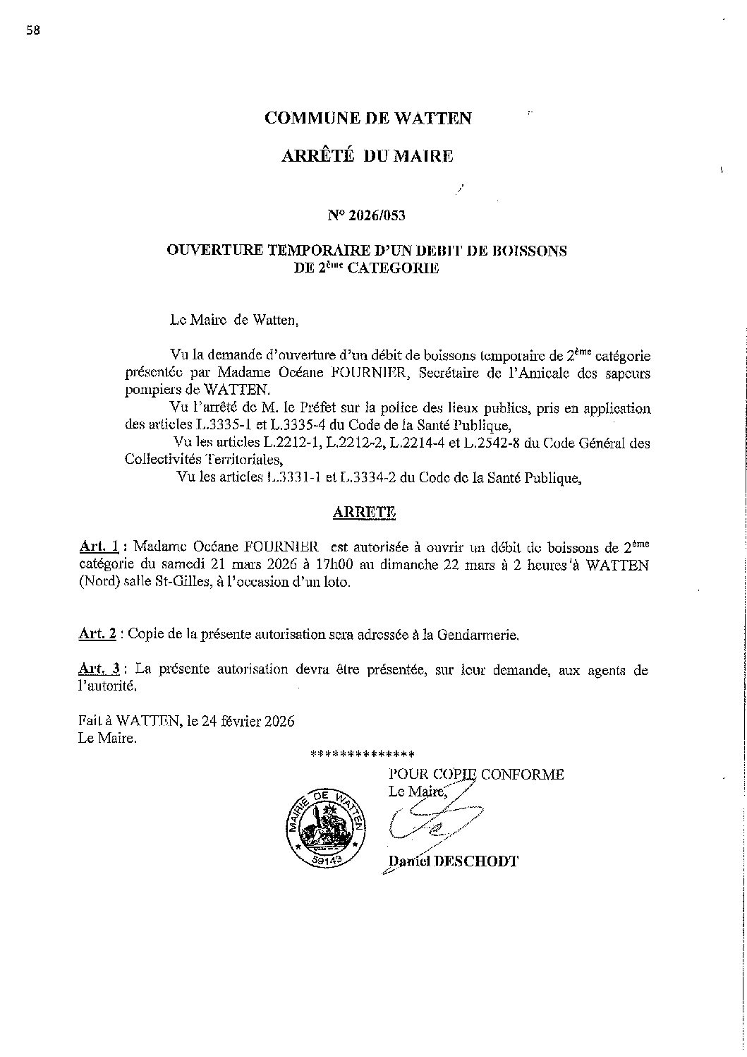 2026-053 arrêté du 24-02-2026 débit de boissons loto Amicale Sapeurs Pompiers salle St-Gilles