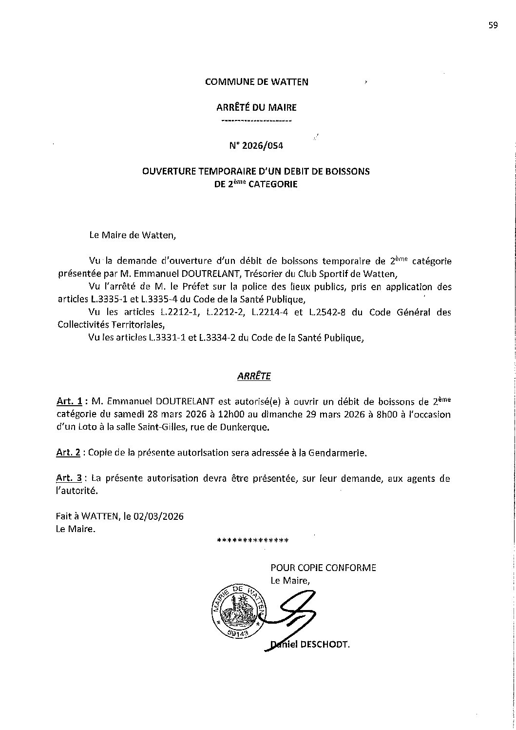 2026-054 arrêté du 02-03-2026 débit de boissons loto CS Watten salle St-Gilles