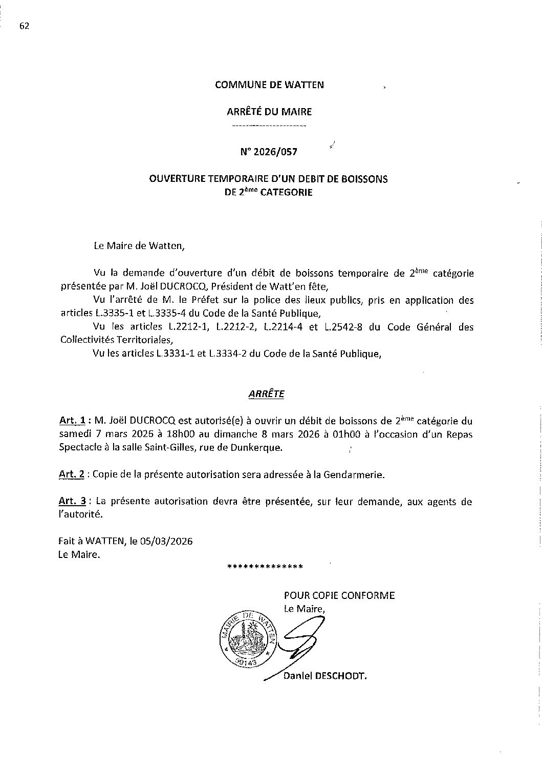 2026-057 arrêté du 05-03-2026 débit de boissons repas spectacle Watt'en fête