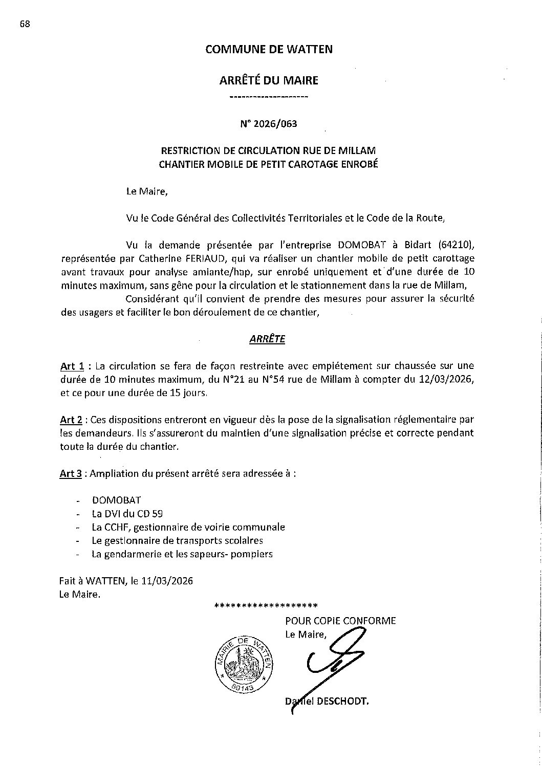 2026-063 arrêté du 11-03-2026 restriction circulation rue de Millam