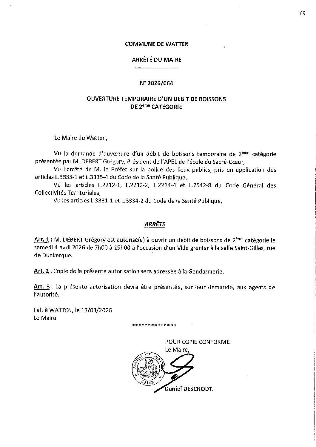 2026-064 arrêté du 13-03-2026 débit de boissons vide grenier APEL Sacré-Coeur