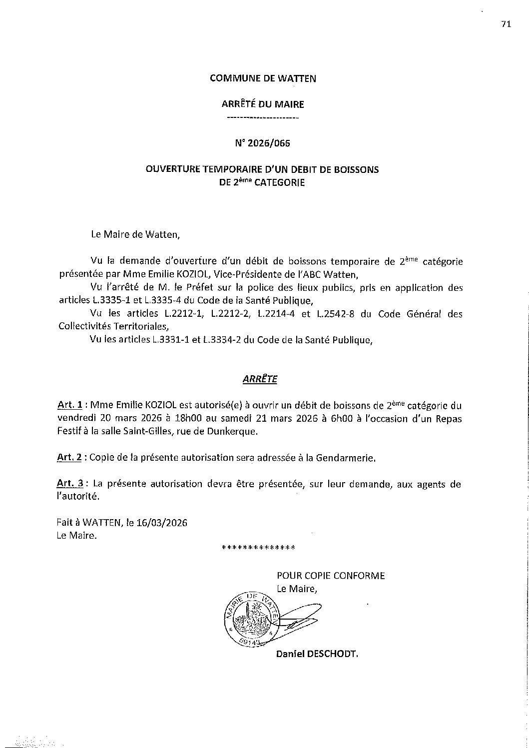 2026-066 arrêté du 16-03-2026 débit de boissons ABC Watten salle St-Gilles