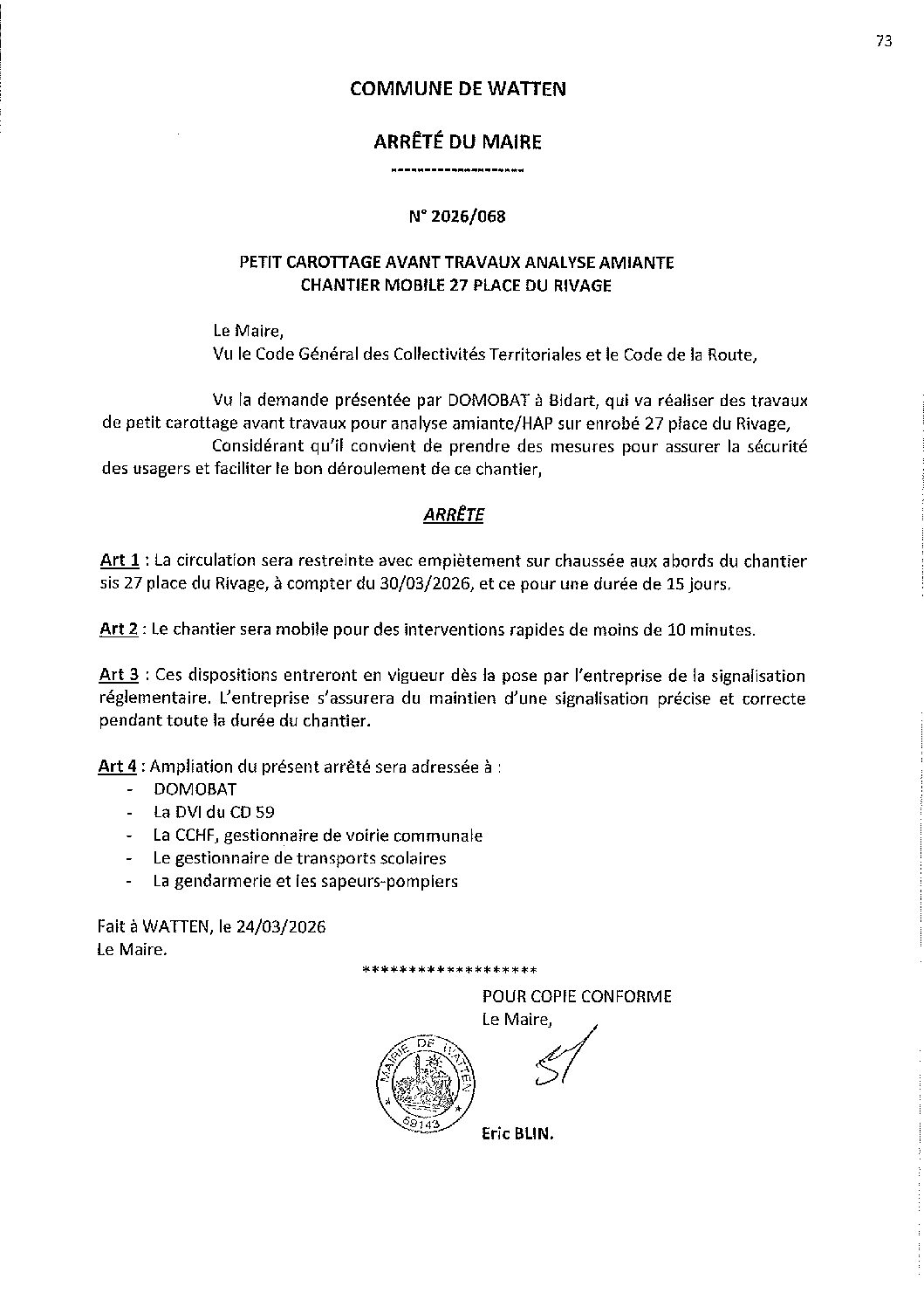 2026-068 arrêté du 24-03-2026 chantier mobile 27 place du Rivage Domobat