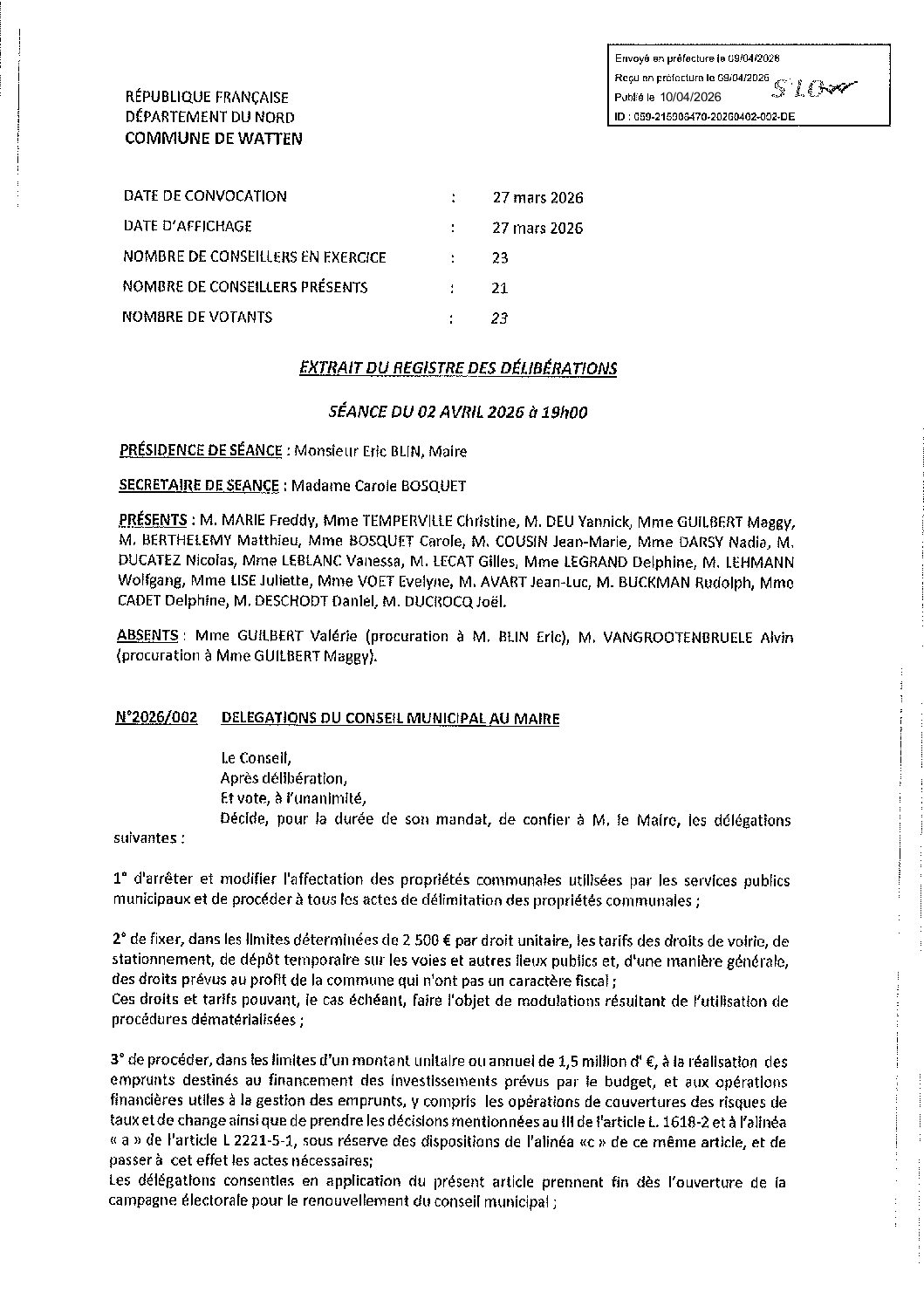 2026-002 délégations au maire