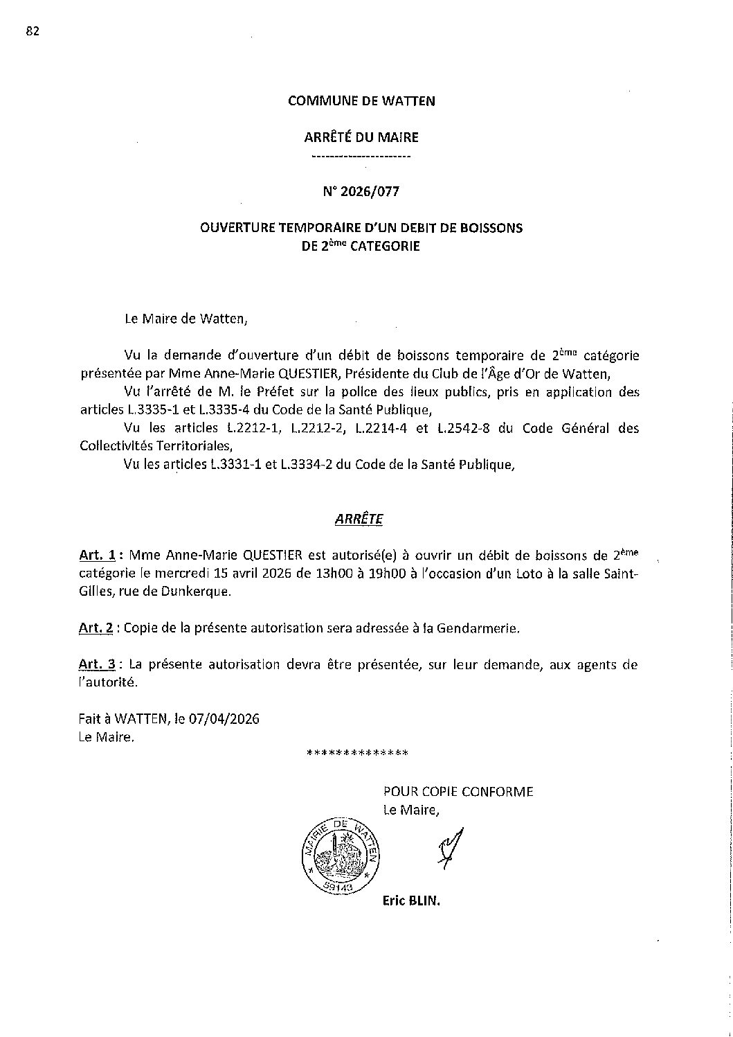 2026-077 arrêté du 07-04-2026 débit de boissons loto Club de l'Age d'Or