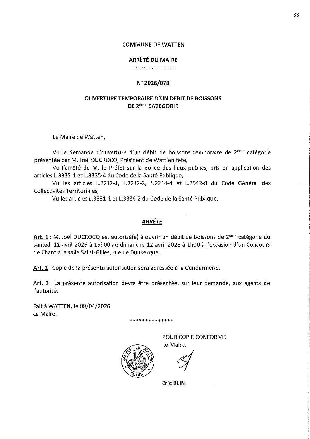 2026-078 arrêté du 09-04-2026 débit de boissons concours de chant Watt'en fête