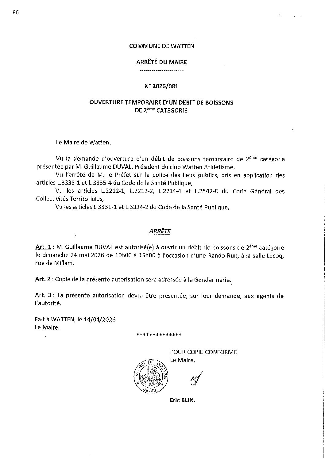 2026-081 arrêté du 14-04-2026 débit de boissons Rando Run Watten Athlétisme