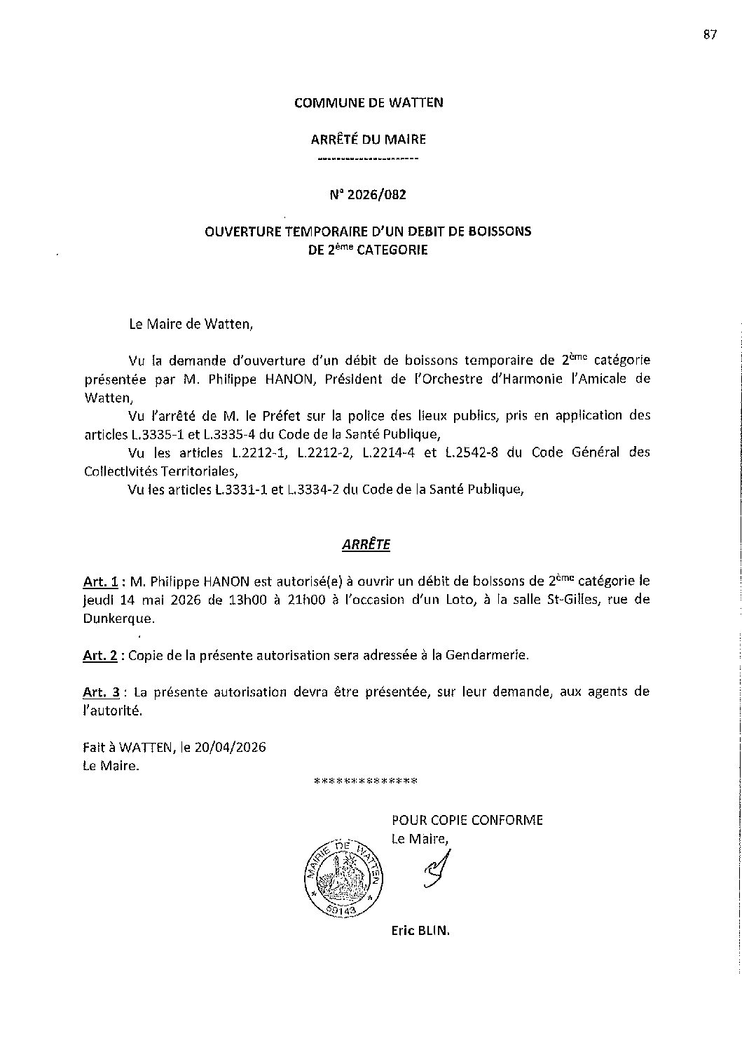 2026-082 arrêté du 20-04-2026 débit de boissons Loto Harmonie