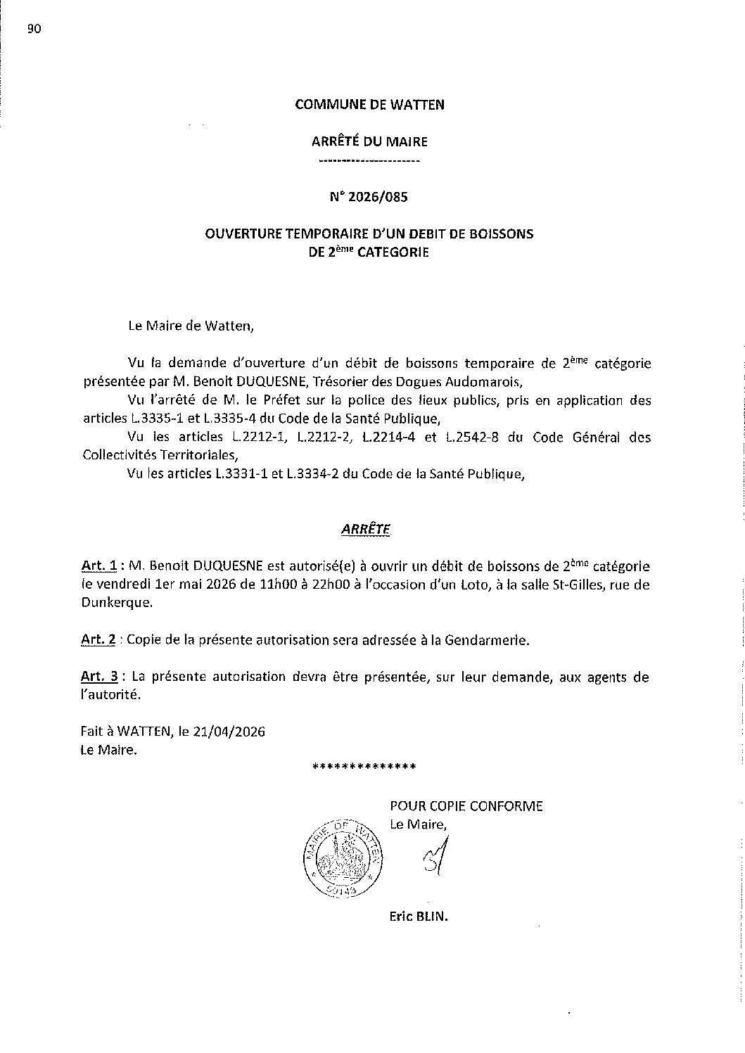 2026-085 arrêté du 21-04-2026 débit de boissons loto Dogues Audomarois salle St-Gilles