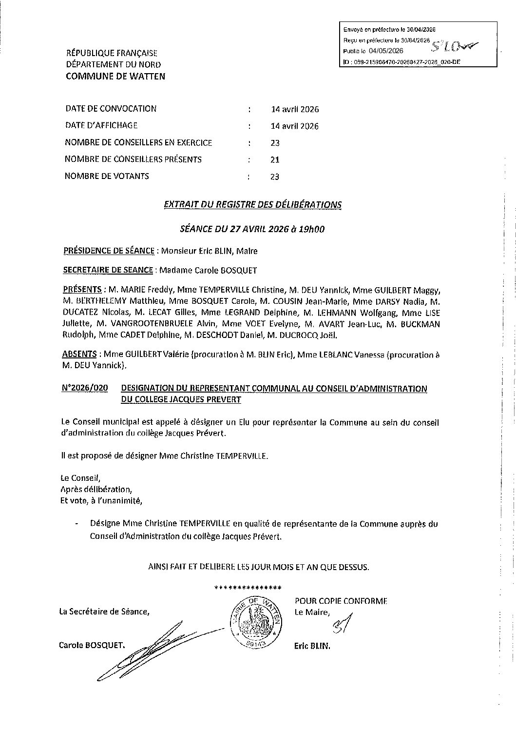 2026-020 représentant collège Prévert