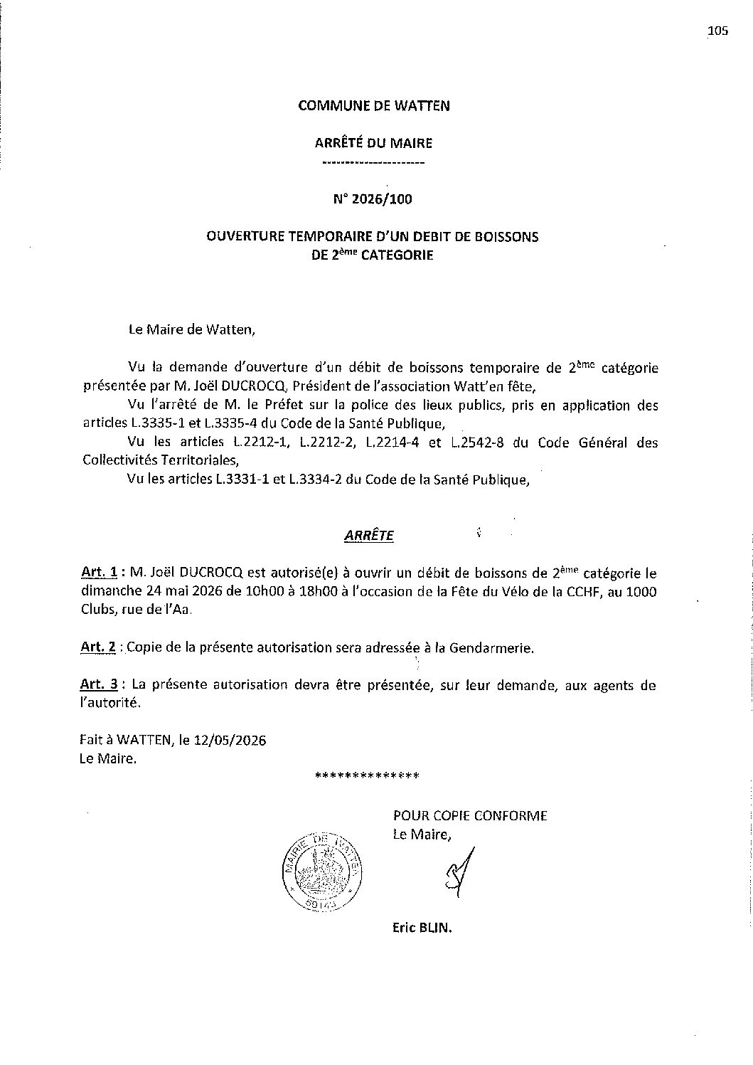 2026-100 arrêté du 12-05-2026 débit de boissons fête du Vélo 1000 clubs