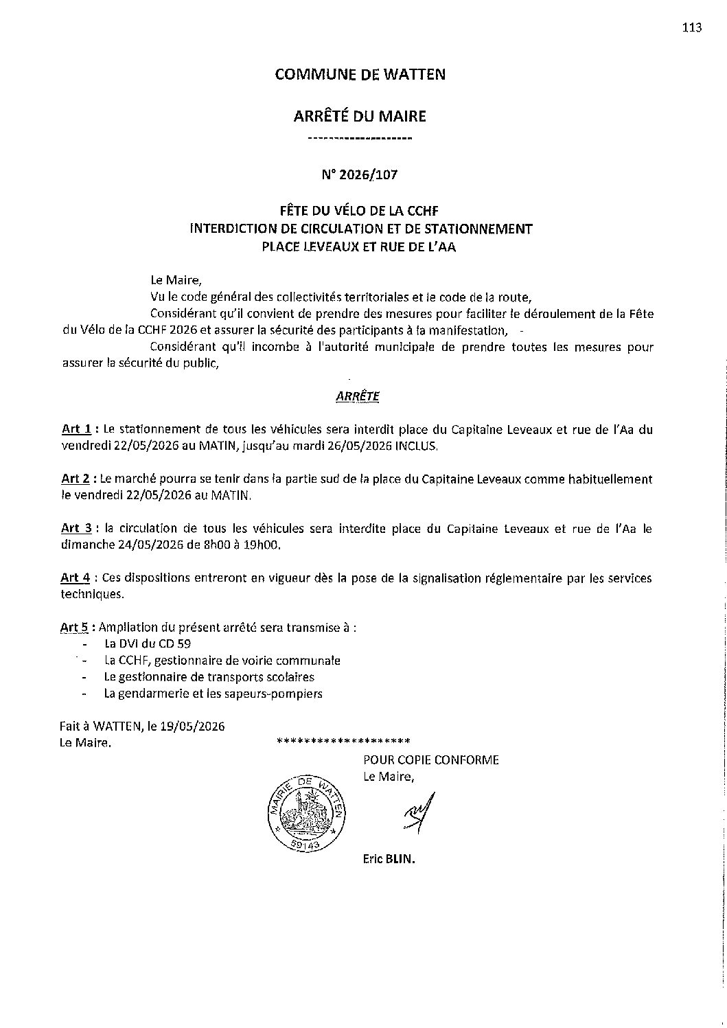 2026-107 arrêté du 19-05-2026 interdiction circulation stationnement fête du vélo CCHF