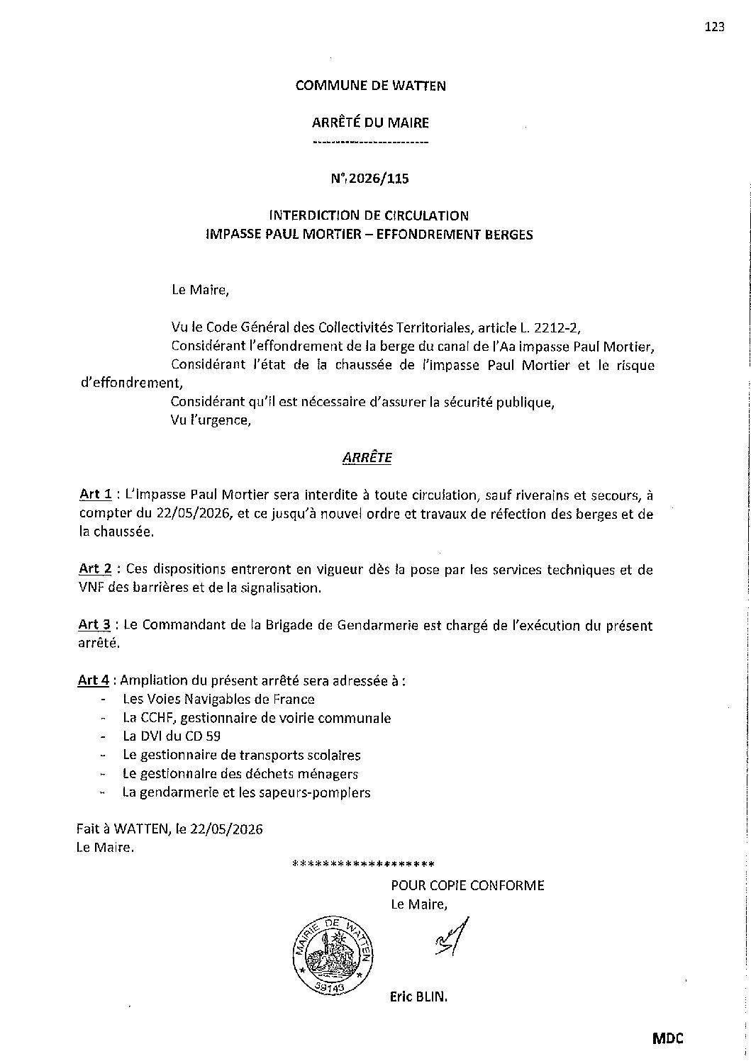 2026-115 arrêté du 22-05-2026 interdiction circulation impasse P. Mortier jusqu'à nouvel ordre