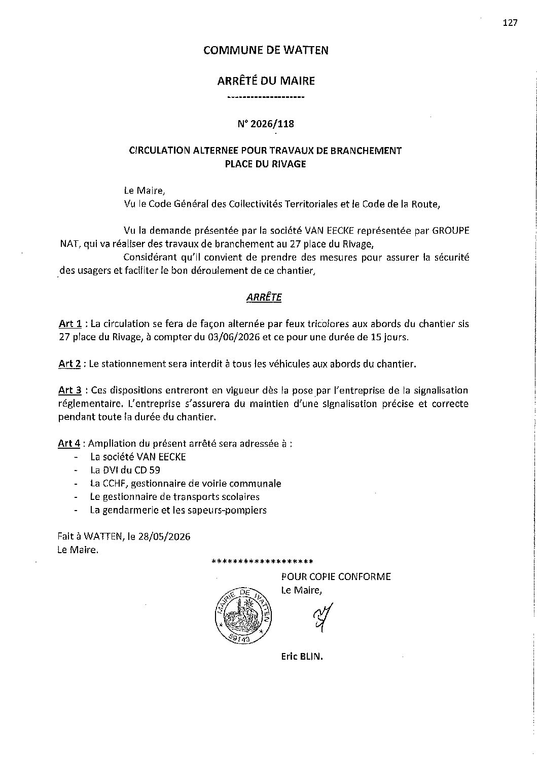 2026-118 arrêté du 28-05-2026 circulation alternée place du Rivage travaux branchement