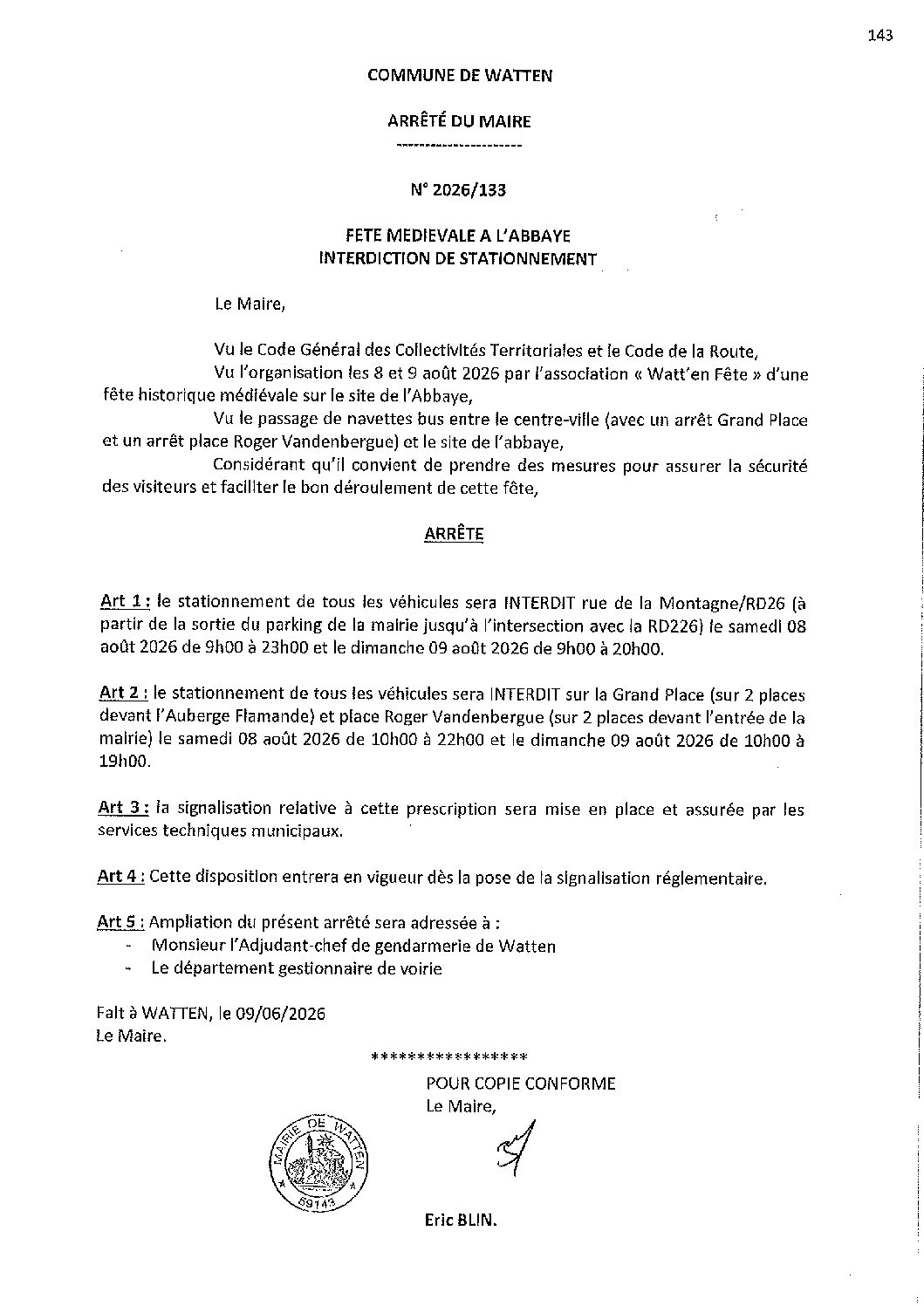 2026-133 arrêté du 09-06-2026 interdiction stationnement rue de la Montagne fête abbaye