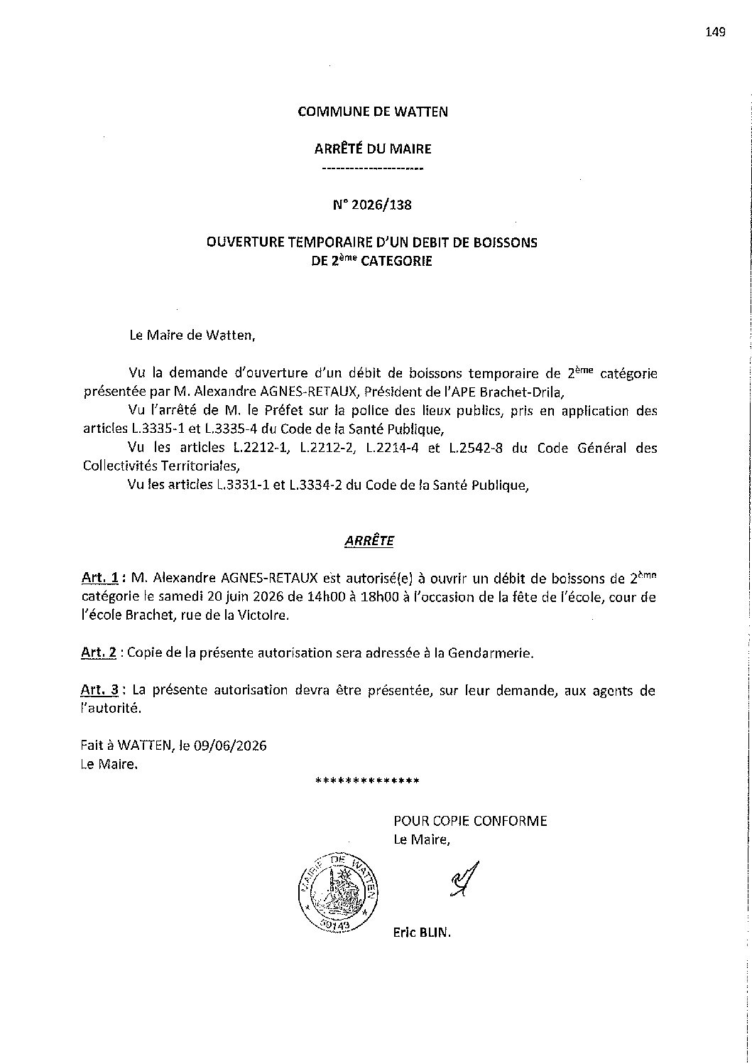 2026-138 arrêté du 09-06-2026 débit de boissons fête école Brachet