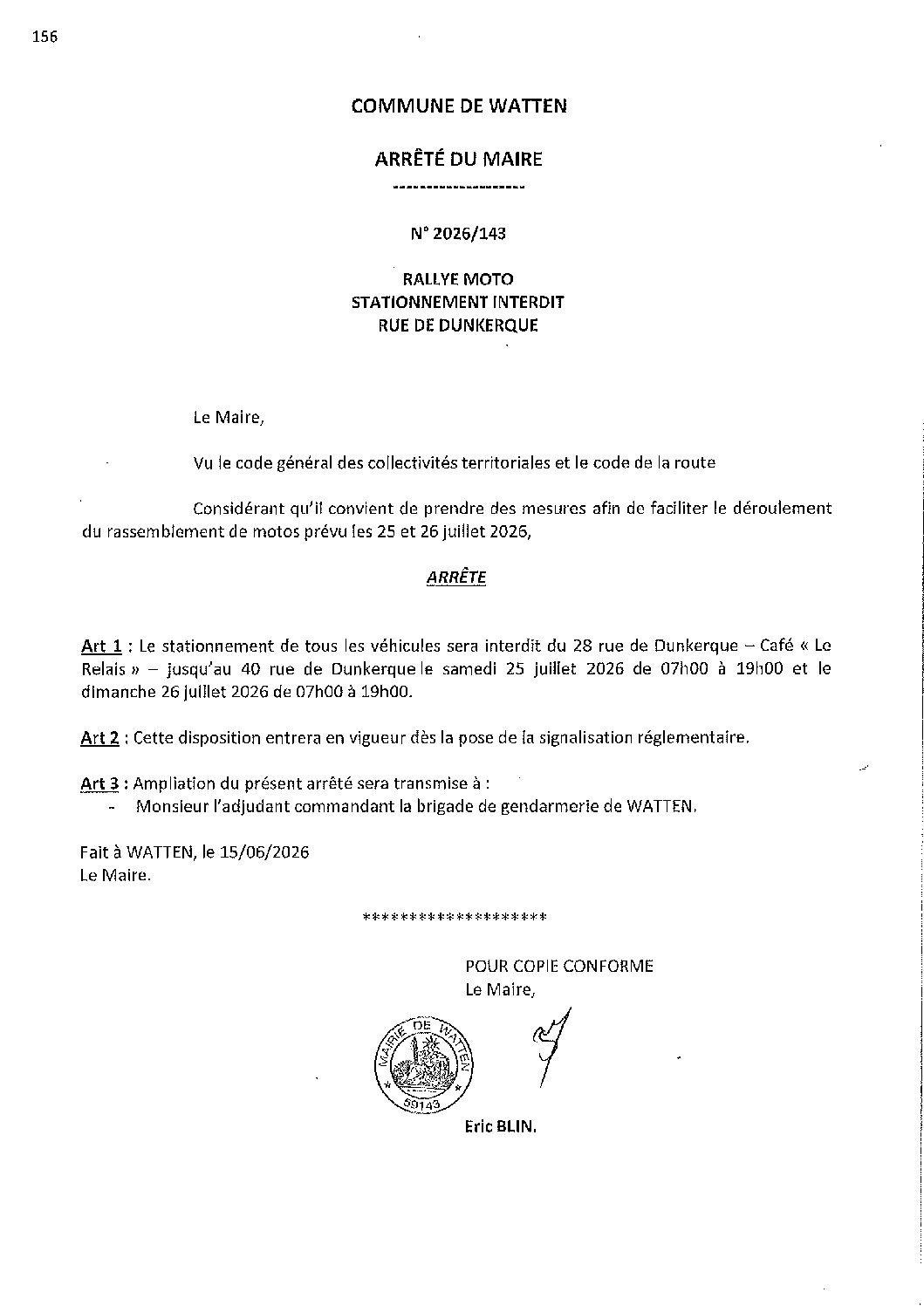 2026-143 arrêté du 15-06-2026 stationnement interdit rallye moto rue de Dunkerque