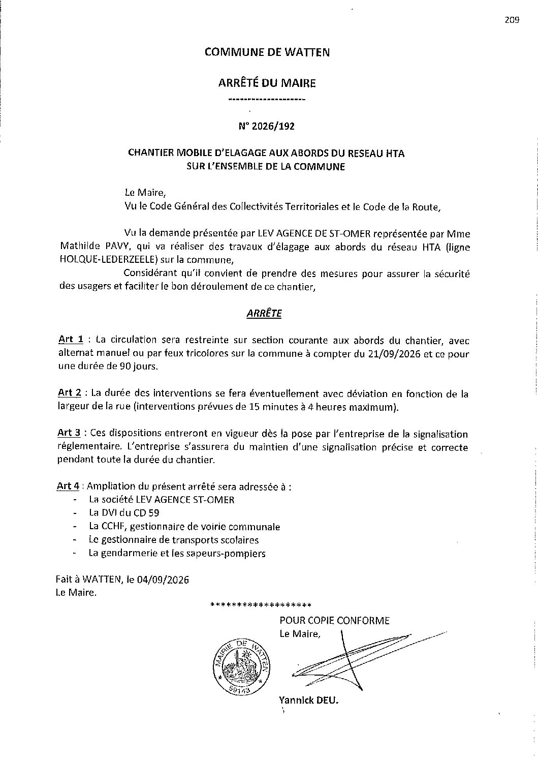 2026-192 arrêté du 04-09-2026 chantier mobile élagage réseau HTA
